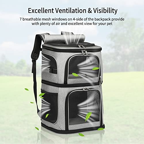 Double Cat Carrier, Cat Backpack Carrier for 2 Cats, Multi Dog Backpack, Two Cat Carrier with 7 Ventilation Windows, Built-in Frame and Support Plate, Safety Straps, Collapsible, Perfect for Travel - color: Grey Double