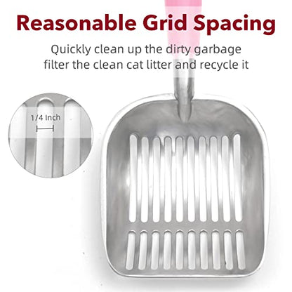 Cat Litter Scoop, Kitty Metal Scooper, Aluminum Alloy Sifter, Kitten Pooper Lifter, Deep Shovel, Long Handle, Poop Sifting, Durable, Heavy Duty, for Litter Box - color: Flat Aluminum-Pink Handle, size: Large