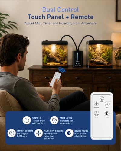 1.32 Gal / 5L Reptile Fogger Humidifier with Dual Hose, Remote Control, Humidity Sensor & Auto Humidity Control, Terrarium Mister for Reptiles, Amphibians, Plants, Grow Tent & Greenhouse