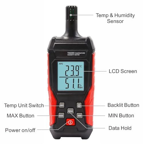 Handheld Hygrometer Temperature Humidity Meter, Digital Thermometer with Humidity Sensor for Indoor Outdoor Measuring - Large LCD Backlit, Data Hold, MIN/MAX