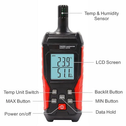 Handheld Hygrometer Temperature Humidity Meter, Digital Thermometer with Humidity Sensor for Indoor Outdoor Measuring - Large LCD Backlit, Data Hold, MIN/MAX