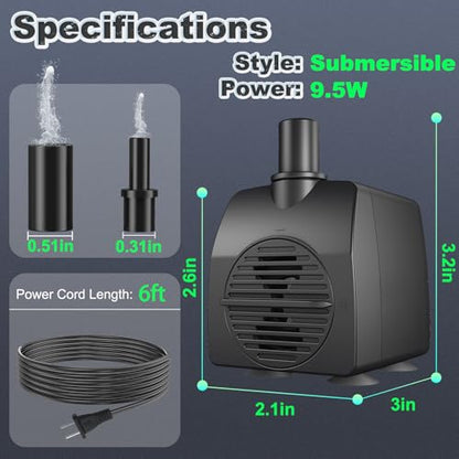 SongLong Submersible Pump 200GPH 5.2ft. High Lift for Fountains | with Over Heating Protection, Perfect for Hydroponics, Small Ponds, Aquariums, Fish Tank & More - size: 200GPH