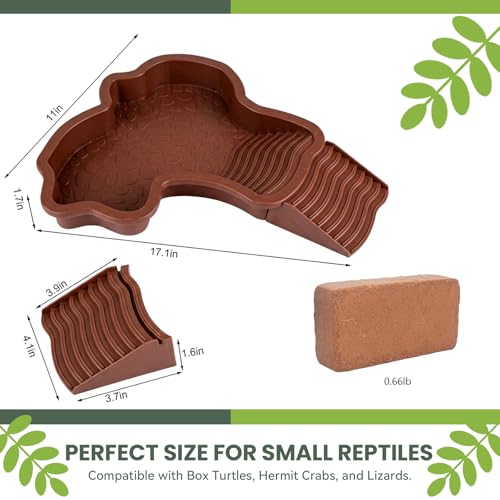 4 Pcs Tortoise Water Dish Reptile Bathing Pool with Ramp, Large Turtle Habitat Accessories Food Bowl for Box Turtle Bearded Dragon, Indoor Outdoor Enclosure Tank Feeding Basin (Brown) - color: Brown