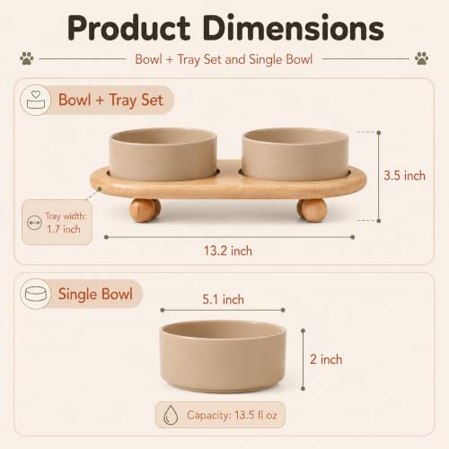 Havniva Raised Cat Bowl 5.1” Elevated Ceramic Cat Food and Water Bowl Set | Cat Bowls Elevated, Whisker Friendly Cat Bowl, Non-Slip Wood Stand, Food-Grade Ceramic, Wide Opening, Dishwasher Safe - color: Greige, size: 2 Bowls+Tray - 5.1"