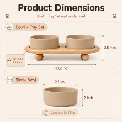 Havniva Raised Cat Bowl 5.1” Elevated Ceramic Cat Food and Water Bowl Set | Cat Bowls Elevated, Whisker Friendly Cat Bowl, Non-Slip Wood Stand, Food-Grade Ceramic, Wide Opening, Dishwasher Safe - color: Greige, size: 2 Bowls+Tray - 5.1"