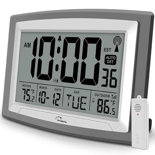Atomic Clock 12.5 Inch Self-Setting Digital Wall Clock | Indoor/Outdoor Temperature, Battery Operated Wall Clocks or Desk Clocks, Large Display for Classroom, Garage, Office - size: 12.5 INCH