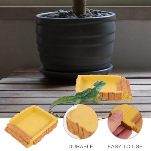 Tortoise Water Bowl Reptile Feeding Dish Food Storage Container Yellow Wood Grain Plastic Basin for Turtle Habitat and Reptile Terrarium Accessories