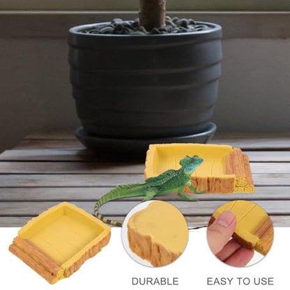 Tortoise Water Bowl Reptile Feeding Dish Food Storage Container Yellow Wood Grain Plastic Basin for Turtle Habitat and Reptile Terrarium Accessories