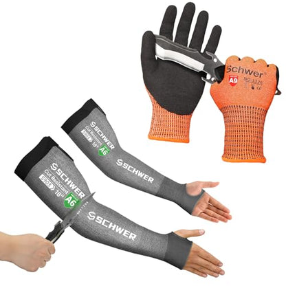Schwer 1 Pair Size XL Highest Level Cut Resistant Work Gloves+ 1 Pair ANSI A6 Cut Resistant Arm Sleeves for Men&Women Work