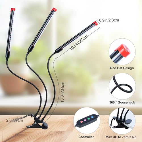 Clip Grow Lights for Indoor Plants, Seed Starting, Bonsai, 4/8/12/16/20H Timer, Full Spectrum Plant Growing Lamps, 27 Watt Power Draw, NO Need Adapter, 360° Gooseneck - size: Clip-3Head-27W