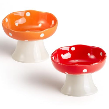 Red and Orange Mushroom Cat Bowl Set, 2PCS Elevated Ceramic Bowls for Cats | Cute Mushroom Set, Elevated, Ceramic, Whisker Friendly, Multi-Cat - color: Red+Orange