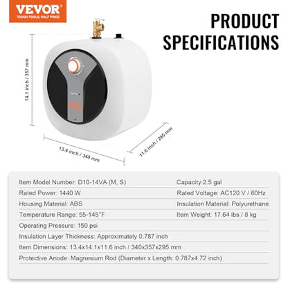 VEVOR Electric Mini-Tank Water Heater 2.5-Gallon Tank, 1440W Hot Water Boiler Storage, Safety Temperature Pressure Valve Easy Install, for Kichen Bathroom Restaurant, Shelf Wall Floor Mounted - size: 2.5gal Upgraded Panel