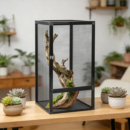 Reptile Feeding Box, Aluminum Alloy Reptile Enclosure with Latch and Removable Top Mesh, Tall Reptile Terrarium Animal Micro Habitat, Reptile Pet Tank Cage for Snake Lizard Spider Gecko