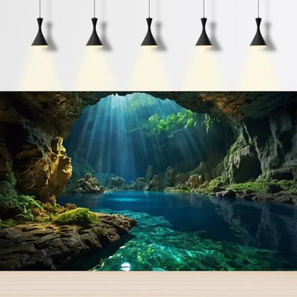 Underwater Cave Aquarium Background Ocean Seaside Rock Cave Fish Tank Background Tropical Seashore Sunrays Blue Sky Terrarium Backgrounds Misty Stunning Seascape Reptile Tank Backgrounds 24x12in - color: Dark Blue, size: 24(W)x12(H)in