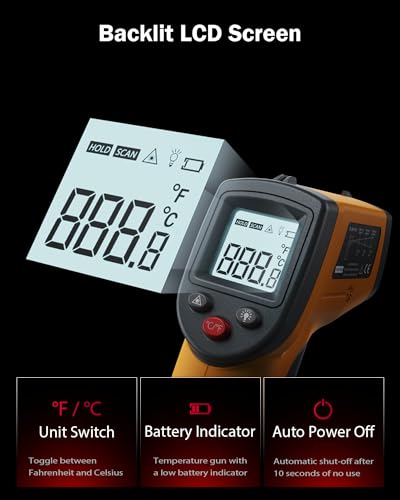 Infrared Thermometer Laser Temperature Gun, Digital Surface Heat Temp Gun Non-Contact for Cooking Food, Pizza Oven, Griddle Meat, Refrigerator, HVAC, Grill, Engine -58℉~986℉