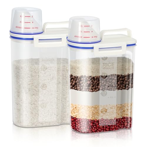 TBMax Rice Cereal Container Oatmeal Dispenser - 2 Pack Rice Storage Container with Measuring Cup + Easy Pouring Spout, Perfect for Flour Sugar Grain Nuts Kitchen Pantry Storage Organization - color: Clear