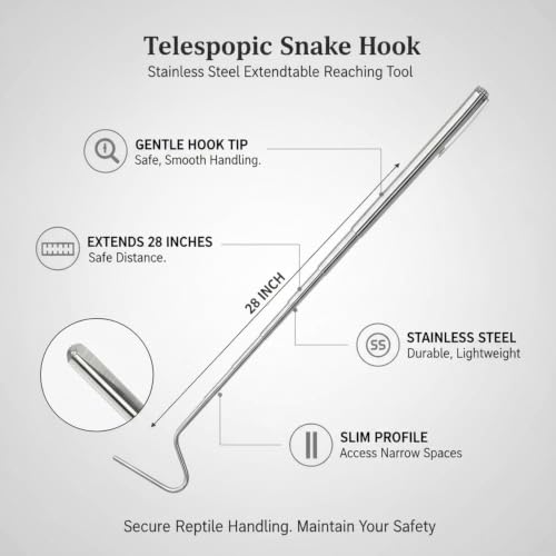 Telescopic Snake Hook, Stainless Steel Extendable Reaching Tool for Reptile Enclosures, 28-Inch (1 PC)