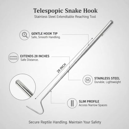 Telescopic Snake Hook, Stainless Steel Extendable Reaching Tool for Reptile Enclosures, 28-Inch (1 PC)