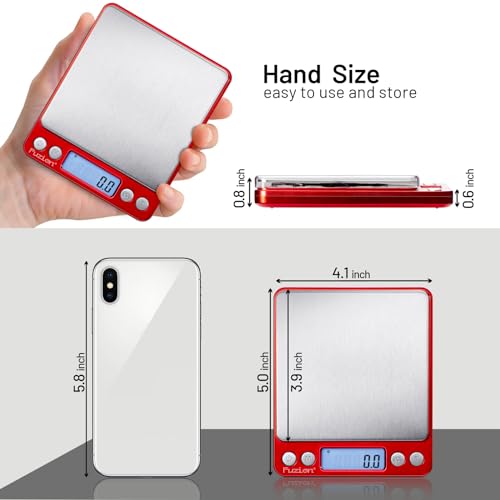 Fuzion Small Gram Scale 3000g, Digital Kitchen Food Scale, Gram and Ounce | 0.1g Accuracy, 6 Modes, 2 Trays Included, Tare Function, Piece Counting, For Food, Coffee, Cooking, Herb, Reptiles, Coins - color: Red