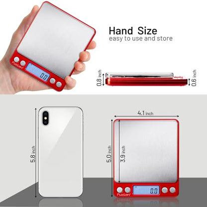 Fuzion Small Gram Scale 3000g, Digital Kitchen Food Scale, Gram and Ounce | 0.1g Accuracy, 6 Modes, 2 Trays Included, Tare Function, Piece Counting, For Food, Coffee, Cooking, Herb, Reptiles, Coins - color: Red