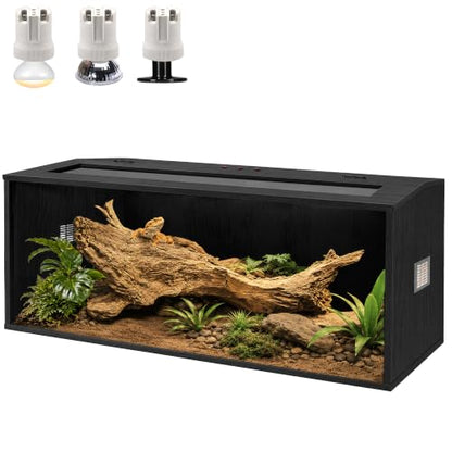 Bearded Dragon Tank, Reptile Enclosure, Tempered Glass Lizard Tank, Bearded Dragon Enclosure with Built-in Lamp Fixture and Wooden Roof for Chameleon (48x20x20 Inch, Black) - color: Black, size: 81 gallons