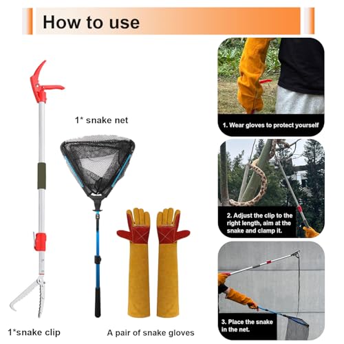60 "Snake Tongs Collapsible Grabber, Specially used as a Tool for Capturing Reptiles. Wide-Mouth Operation Tool, Stainless Steel Snake Hook, including Animal Handling Gloves and Snake Capture Net