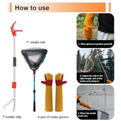 60 "Snake Tongs Collapsible Grabber, Specially used as a Tool for Capturing Reptiles. Wide-Mouth Operation Tool, Stainless Steel Snake Hook, including Animal Handling Gloves and Snake Capture Net