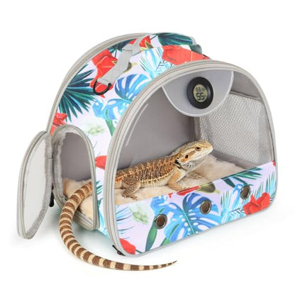 Bearded Dragon Carrier, Reptile Travel Bag with Built-in Thermometer Hygrometer, Breathable Small Animal Carrier with Clear View Window, Portable Guinea Pig Carrier for Gecko, Snake, Hamster - color: Floral