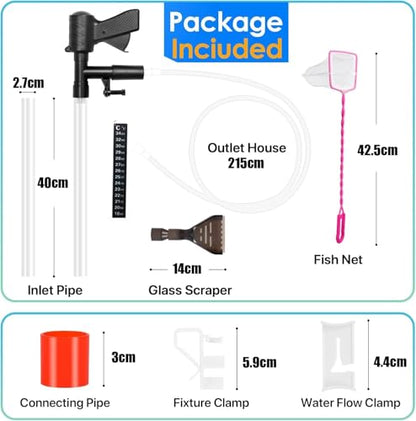 Aquarium Gravel Cleaner Siphon Fish Tank Vacuum Cleaner for Absorb Dirt Wash Sand Algae Scrapers Water Changer Gravel Washer Aquarium Thermometers Fish Net kit for Fish Tank Cleaning Gravel and Sand - size: Upgraded version 09G