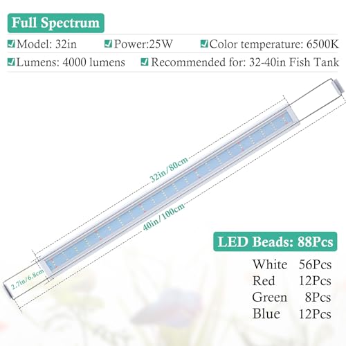 HITOP Full Spectrum LED Aquarium Light 32-40" Classic Fish Tank Light with Timer, Aquarium Plant Light with Stable Extendable Brackets - size: 32-40in