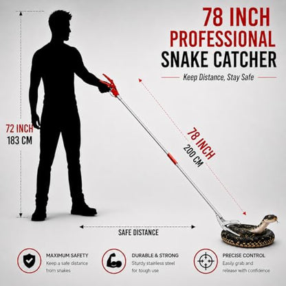 78" Snake Grabber, Foldable Stainless Steel Snake Catcher with Lock | Ideal for safely catching and relocating snakes with a foldable stainless steel design, wide jaw, secure lock, and long reach - size: 78" snake grabber