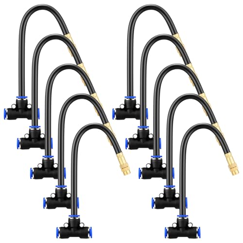 Zonon 10 Pcs Brass Misting Nozzles Tee with 8" Built in Hose for 0.32"/8 mm Tubing 360 Degree Rotation Adjustable Water Mister Nozzle Thread Sprayer Misting Part Accessories for Patio Outdoor Cooling - size: 8 Inch
