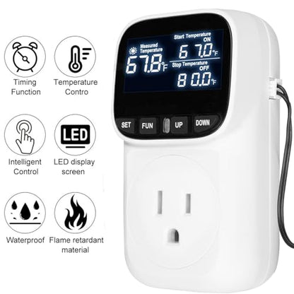Digital Thermostat Socket, Only Fahrenheit Countdown | Temperature Controller VA Display Heating Cooling Mode Timer with Sensor for Reptile Greenhouse Fermentation Home, -40℉~210℉