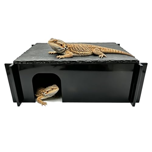 Reptile Basking Platform Hideout, Acrylic Snake Hide Cave with Natural Slate Rock, Terrarium Decor for Bearded Dragon Tank Accessories, Ball Python, Leopard Gecko, Tortoise & Chameleon (Small Black) - color: Small Black