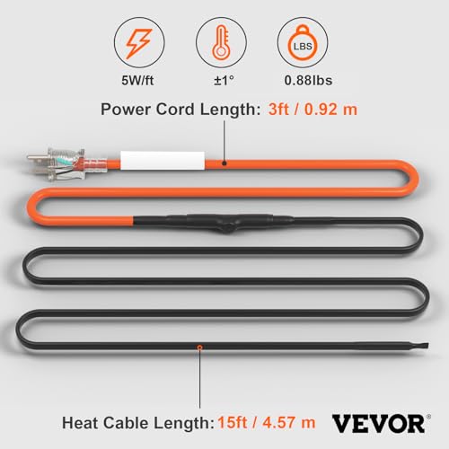 VEVOR Self-Regulating Pipe Heating Cable, 15FT 5W/FT Heat Tape for Pipes Freeze Protection, Water Pipe Heat Cable with Built-in Thermostat Protects PVC Hose, Metal and Plastic Pipe from Freezing - size: 15 Feet