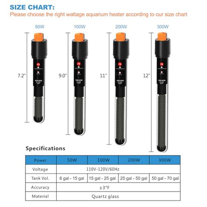 300Watt Aquarium Heater for 50-70 Gallon Fish Tank, Adjustable Submersible Heater Thermostat with Thermometer Strip and Suction Cup
