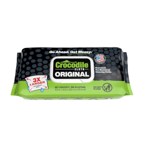 Crocodile Cloth Original Heavy-Duty Hand & Tool Wipes, 50 Count | Multi-Surface, Water-Based, Safe on Skin, 15" x 10" - size: 50 Count (Pack of 1)
