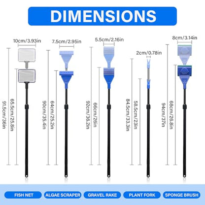 5 in 1 Fish Tank Cleaner Kit Aquarium Cleaning Tools with 22~32 Inch Extendable Non-Slip Handle Fish Tank Cleaner with Algae Scraper and Fish Net - size: Length 22-32inch(extendable)