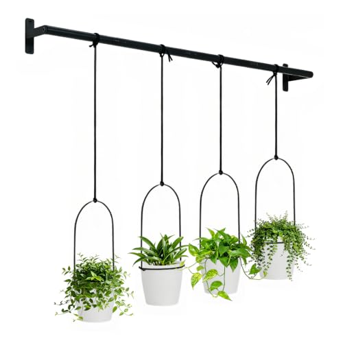 Window Plant Hanger with 4 Pots, 40 Inch Adjustable Hanging Planters for Indoor Plants, Metal Wall/Ceiling Plant Rod for Herbs, Flowers, Kitchen, Apartment & Balcony, Black