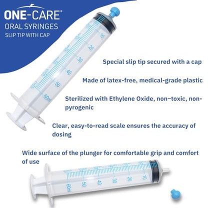 ONE-CARE 60ml Oral Syringe with Cap, Slip Tip Liquid Dispensers, 25/Box | Individually Wrapped, Food-Grade Plastic, Accurate Graduation for Precise Liquid Dosing, Oral Feed - Infants, Adults & Pets - size: 60ml