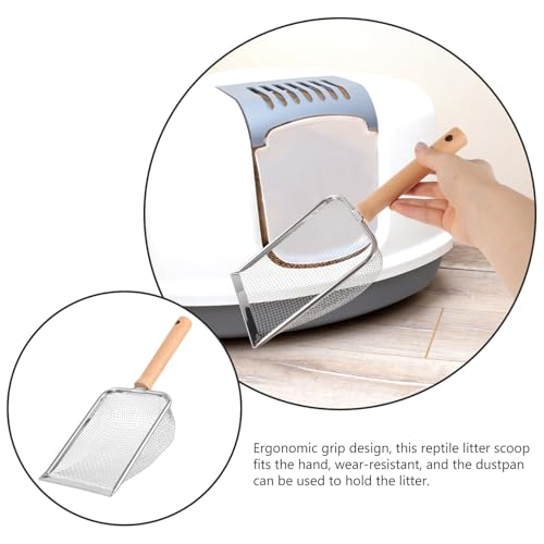 SEWACC Reusable Stainless Steel Reptile Litter Scoop with Ergonomic Wooden Handle, Wear-Resistant Pet Poop Clean Tool for Tortoises and Lizards, Big Wide Mouth Design for Easy Terrarium