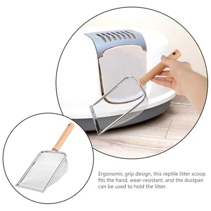 SEWACC Reusable Stainless Steel Reptile Litter Scoop with Ergonomic Wooden Handle, Wear-Resistant Pet Poop Clean Tool for Tortoises and Lizards, Big Wide Mouth Design for Easy Terrarium
