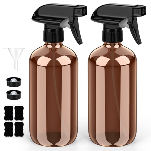 Bontip Glass Spray Bottle 16 oz for Cleaning, Plants (2 Pack, Amber) | Refillable spray bottle Set, BPA-free eco glass, With labels and funnel, Great for cleaners, plant misting, hair care - color: Amber, size: 8 oz