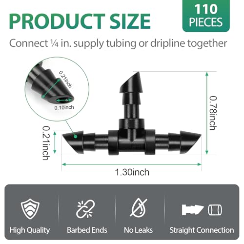 RedChili 110 Pack Drip Irrigation Universal 1/4" Barbed Tee Fitting, Drip System Parts Double Barbed T Connectors Fits 1/4-Inch Drip Tubing Irrigation for Drip Line Connection - size: 1/4" Barbed Tee