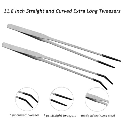 Booge 2 Pcs Stainless Steel Reptile Feeding Tongs with Rubber Tip, 11.8 Inch Straight and Curved Extra Long Tweezers for Lizards, Bearded Dragon, Snake