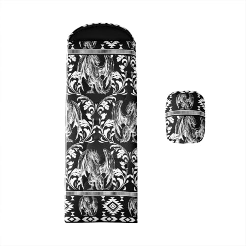 Erosebridal Longhorn Cow Skull Gothic Witchy Damask Sleeping Bag for Kids Camping Blanket for Hiking Travel Hunting Sleep Bag - color: Black and White Dragon