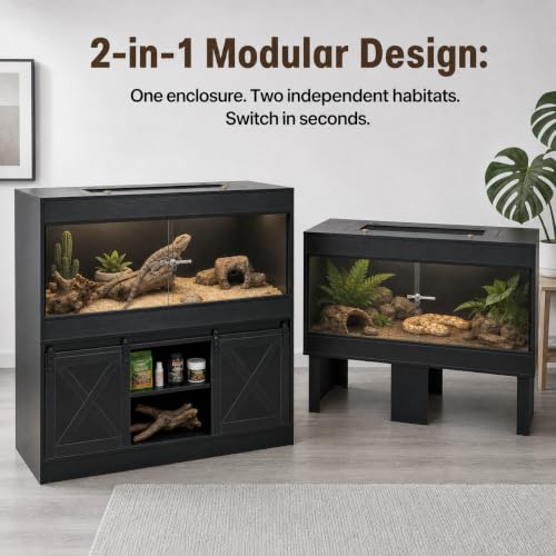 Cushore Double 4x2x2 Reptile Enclosure with Stand, Albizia Solid Wood-Core 120 Gallon Reptile Terrarium, Bearded Dragon Tank Stand with Sliding Door and 2 Cabinets for Lizard, Crested Gecko, Black
