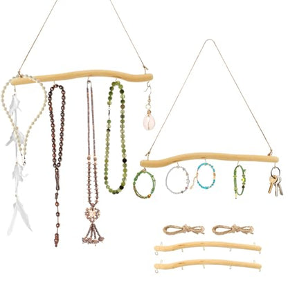 2 Pack 15" Natural Driftwood Wall Hooks, Farmhouse Jewelry Organizer | Set of 2 rustic hanging branch organizers, for necklaces bracelets earrings, wall decor for bedroom bathroom entryway