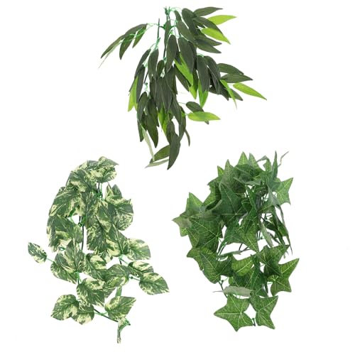 Reptile Tank Plants Decoration Set, 3pcs Artificial Vine Leaves for Gecko Terrarium, Green Leaf 12 Inch and 30cm Vines, Simulated Environment Ornament for Pet Lizards and Snakes
