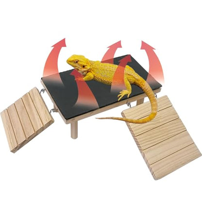 Bearded Dragon Basking Platform with Climbing Ramp,Reptile Basking Rock Slate,Wooden Platform Hide Cave Tank Accessories for Lizard Tortoise Leopard Gecko Snake (S) - size: S - 9.8"D x 5.9"W x 4.7"H